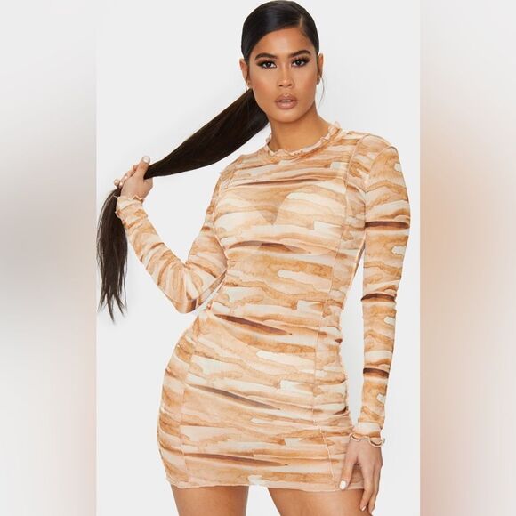PrettyLittleThing Mesh See Through Dress Marble Print Bodycon sz 8 Party Club - Picture 1 of 4